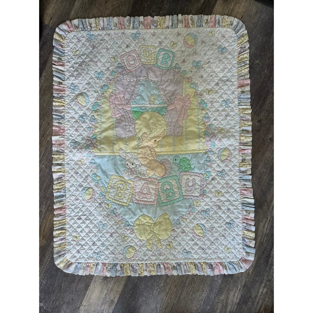 Vintage‎ Precious Moments Our Baby Quilt Reversible Pastel Ruffle Crib Blanket